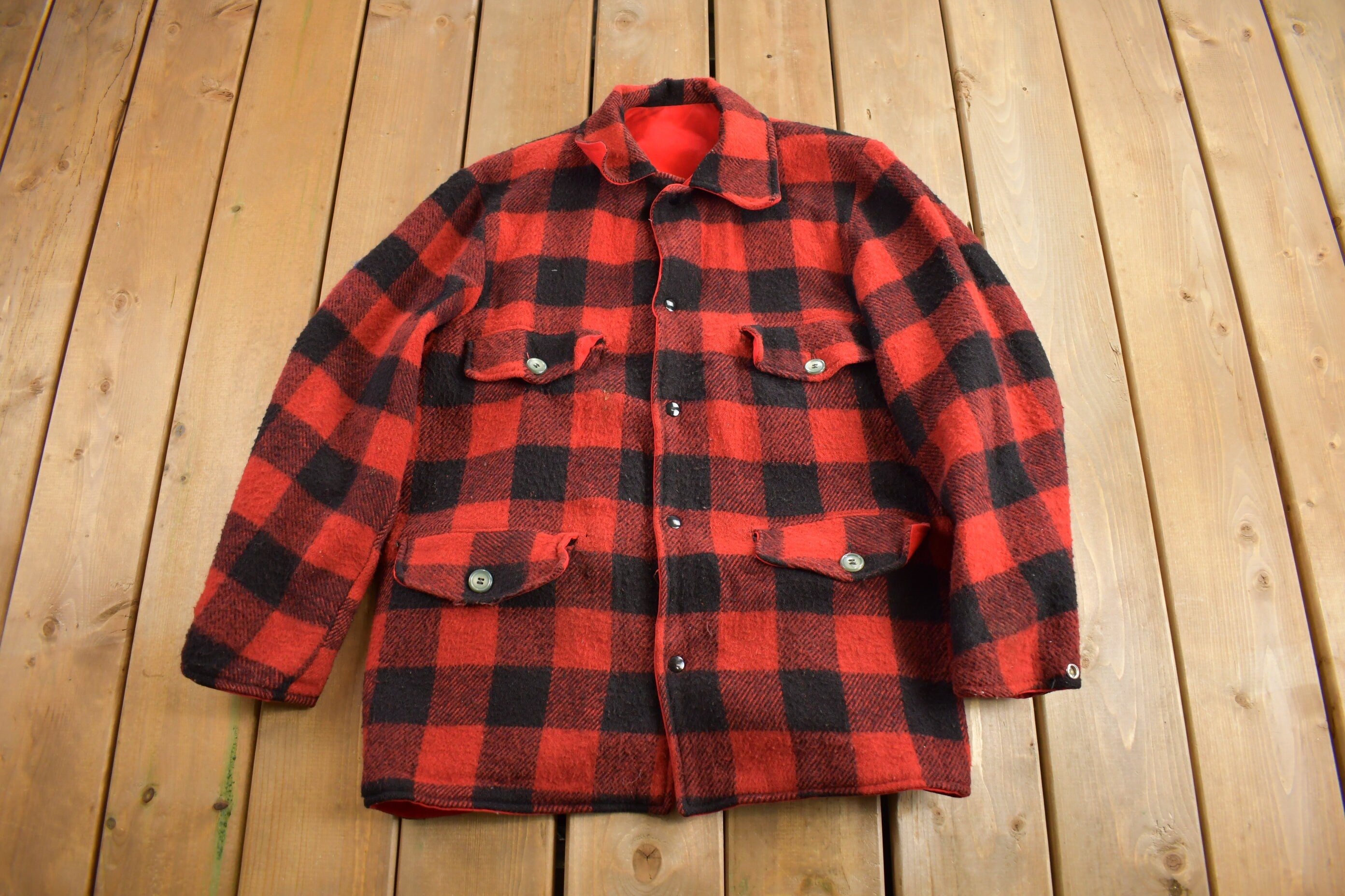 Vintage 1960s 100% Wool Reversible Buffalo Plaid Jacket / Wool Jacket  / Vintage Jacket / Outdoorsman / Hunting Jacket / True Vi