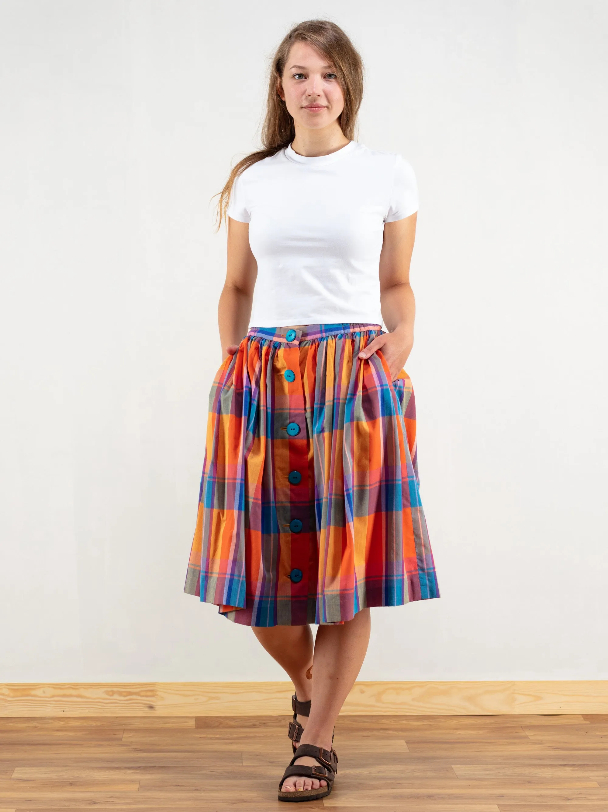 Vintage 90's Plaid Women Button Front Skirt