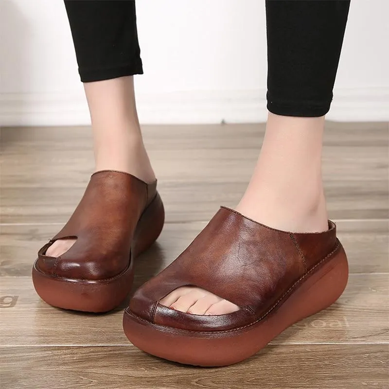 Vintage Leather Handmade Slides Flip Flop Platform Sandals for Women