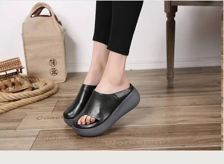 Vintage Leather Handmade Slides Flip Flop Platform Sandals for Women