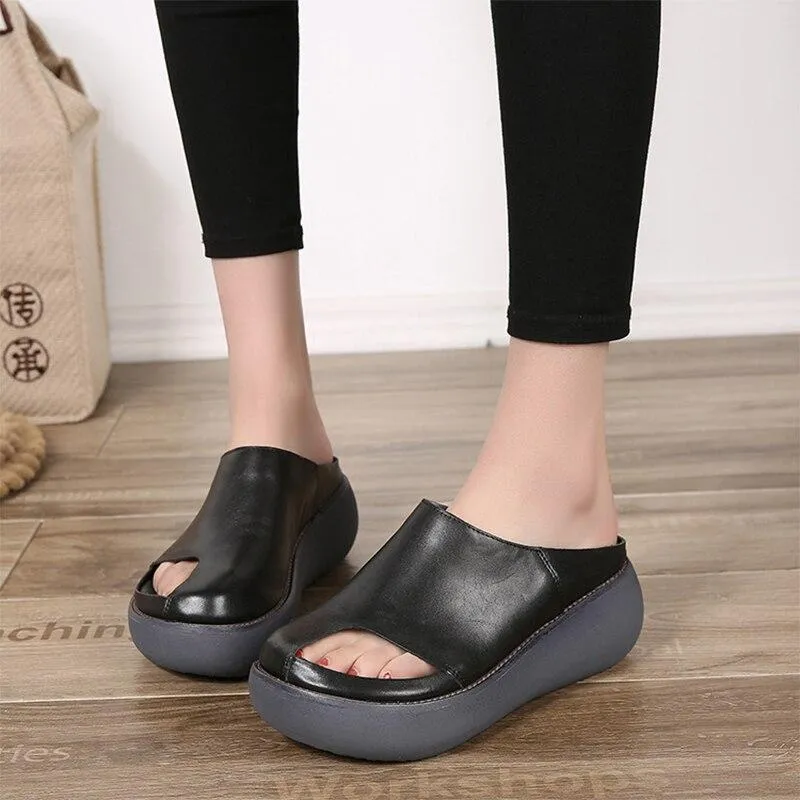 Vintage Leather Handmade Slides Flip Flop Platform Sandals for Women