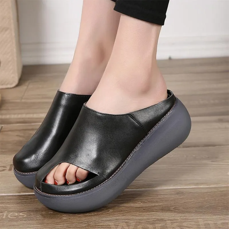 Vintage Leather Handmade Slides Flip Flop Platform Sandals for Women