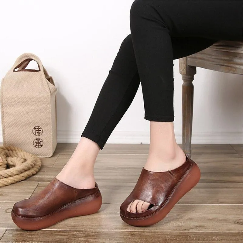 Vintage Leather Handmade Slides Flip Flop Platform Sandals for Women