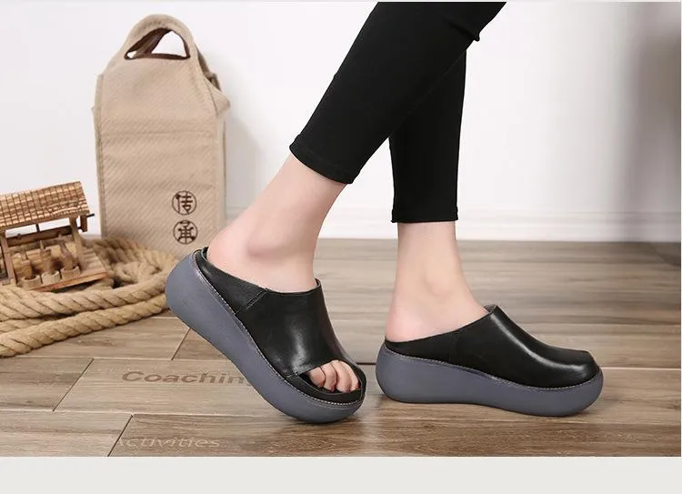 Vintage Leather Handmade Slides Flip Flop Platform Sandals for Women