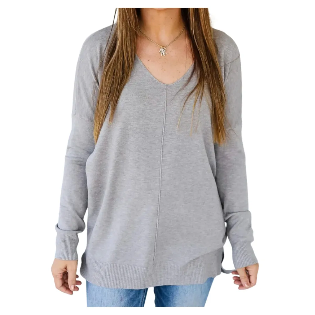 VNECK HEATHER GREY SEAM SWEATER