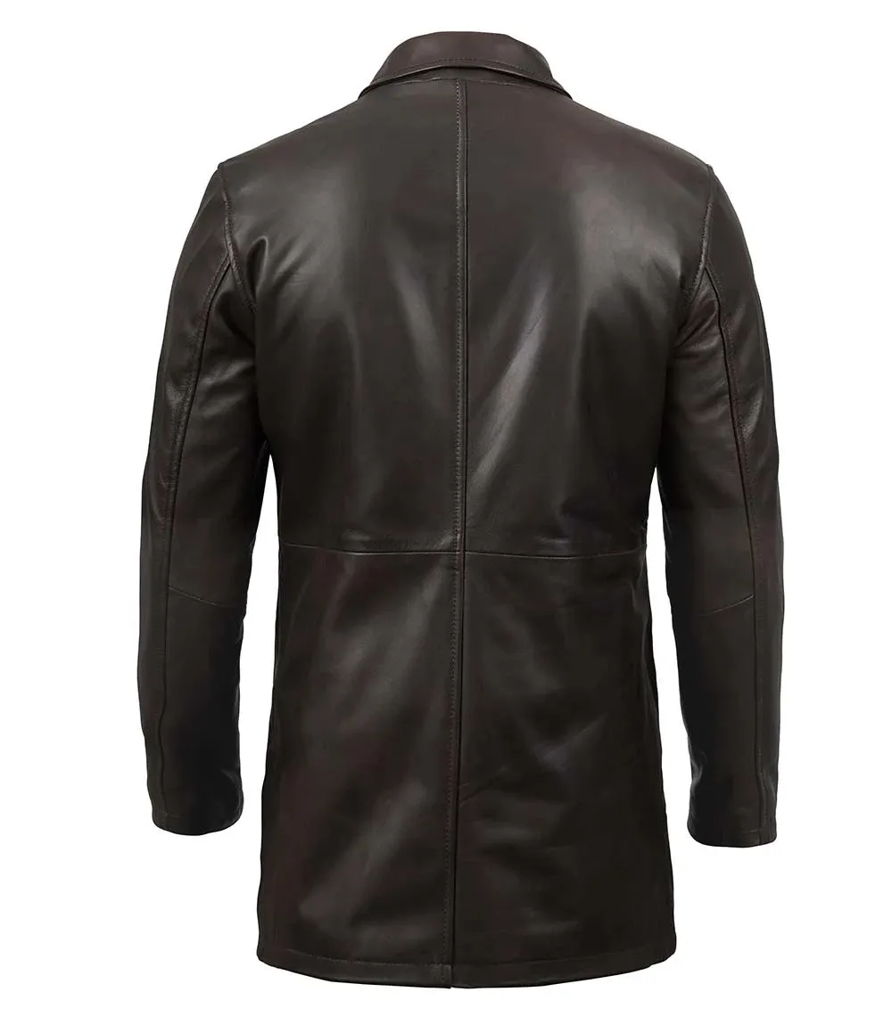 Winchester Men's Distressed Dark Brown Leather Car Coat