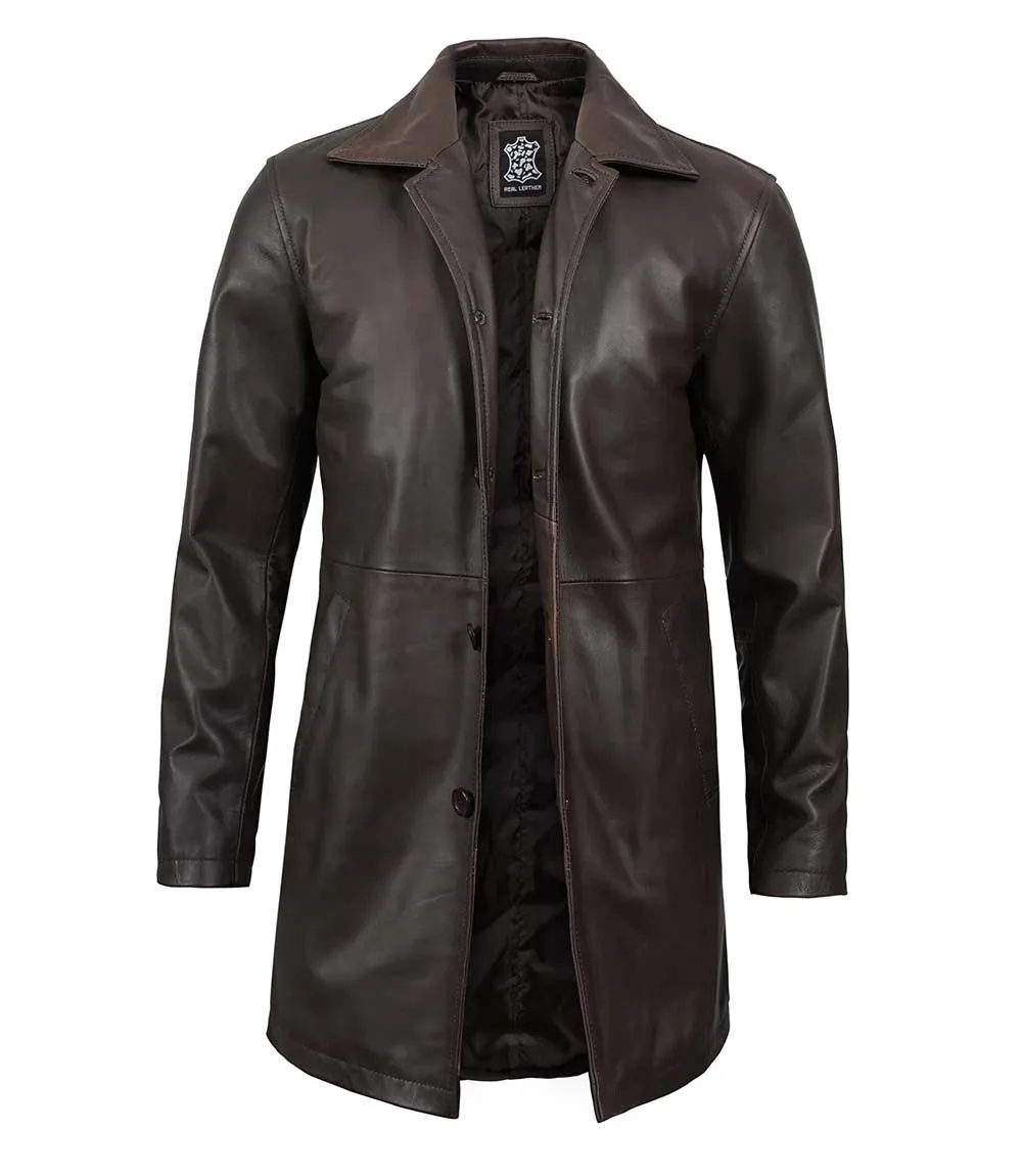 Winchester Men's Distressed Dark Brown Leather Car Coat