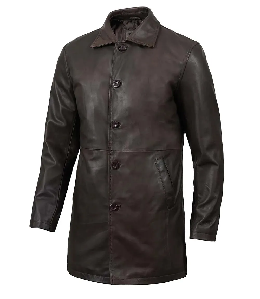 Winchester Men's Distressed Dark Brown Leather Car Coat