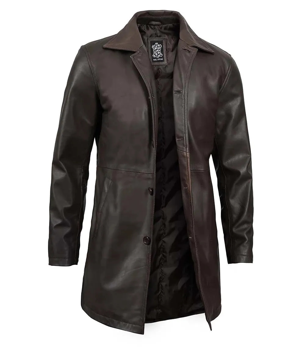 Winchester Men's Distressed Dark Brown Leather Car Coat