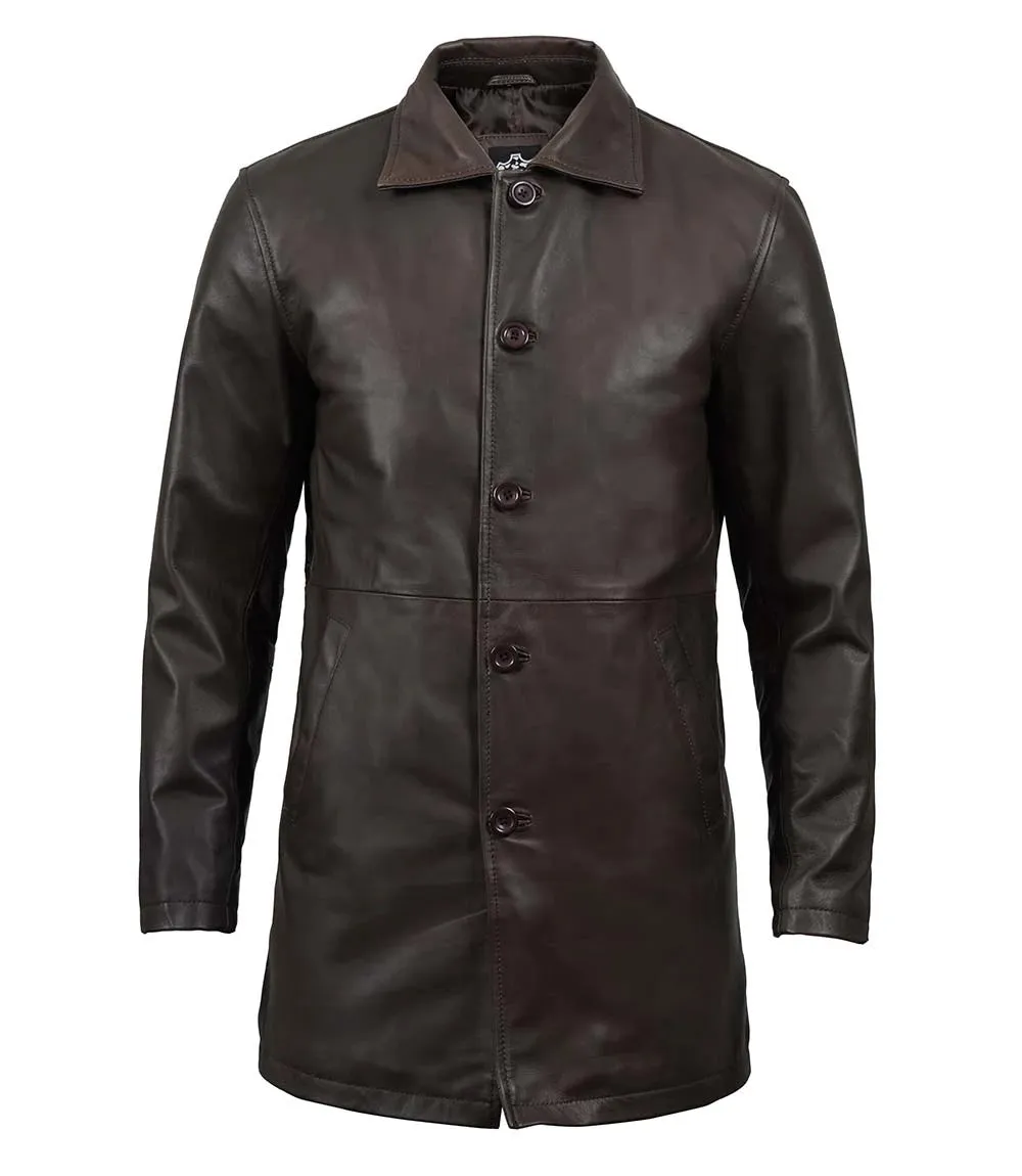 Winchester Men's Distressed Dark Brown Leather Car Coat