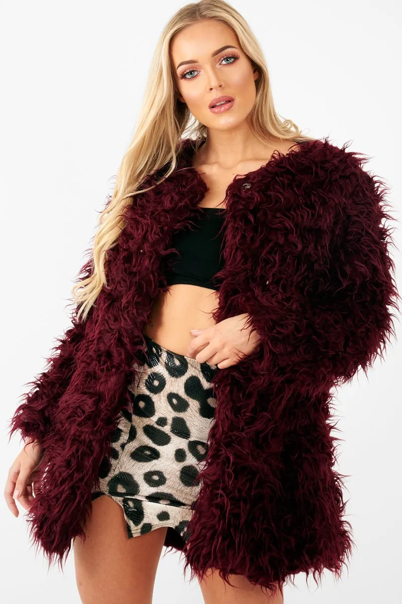 Wine Shaggy Faux Fur Coat - Evalina