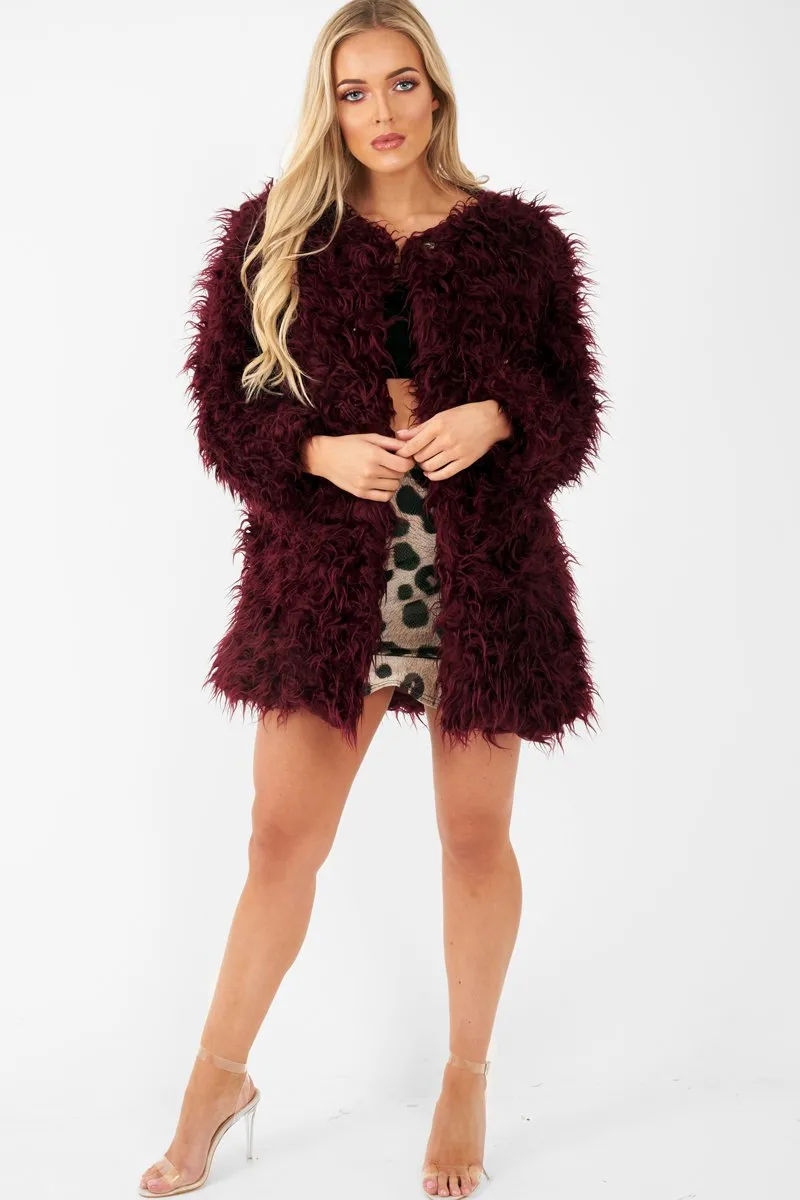 Wine Shaggy Faux Fur Coat - Evalina