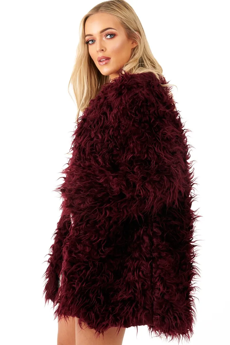 Wine Shaggy Faux Fur Coat - Evalina