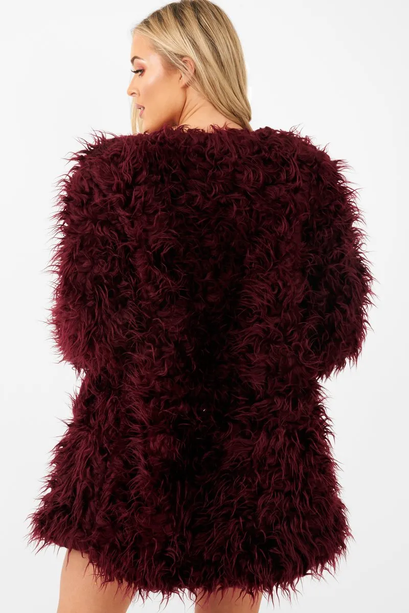 Wine Shaggy Faux Fur Coat - Evalina