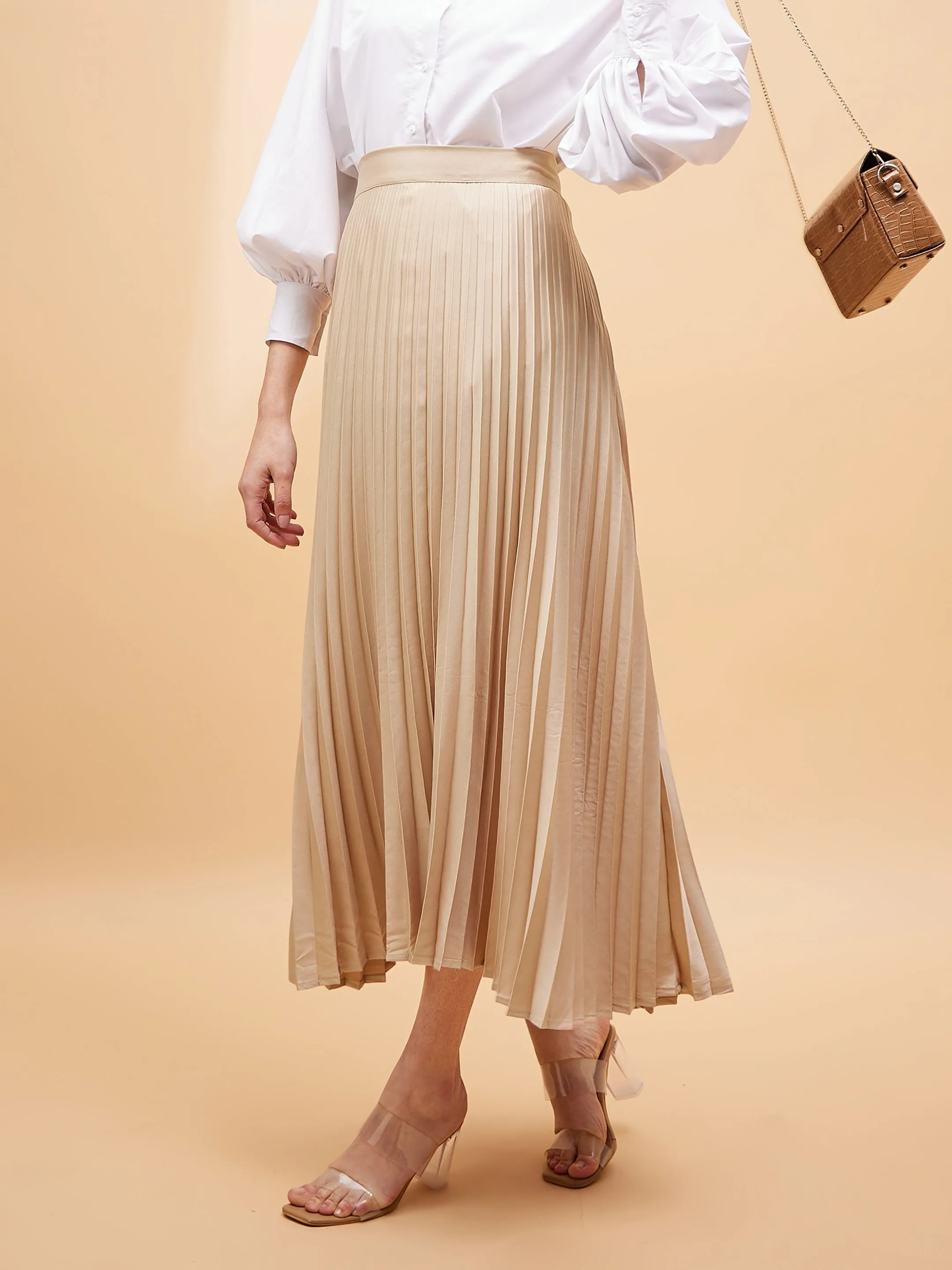 Women Beige Accordion Pleated Belted Midi Skirt