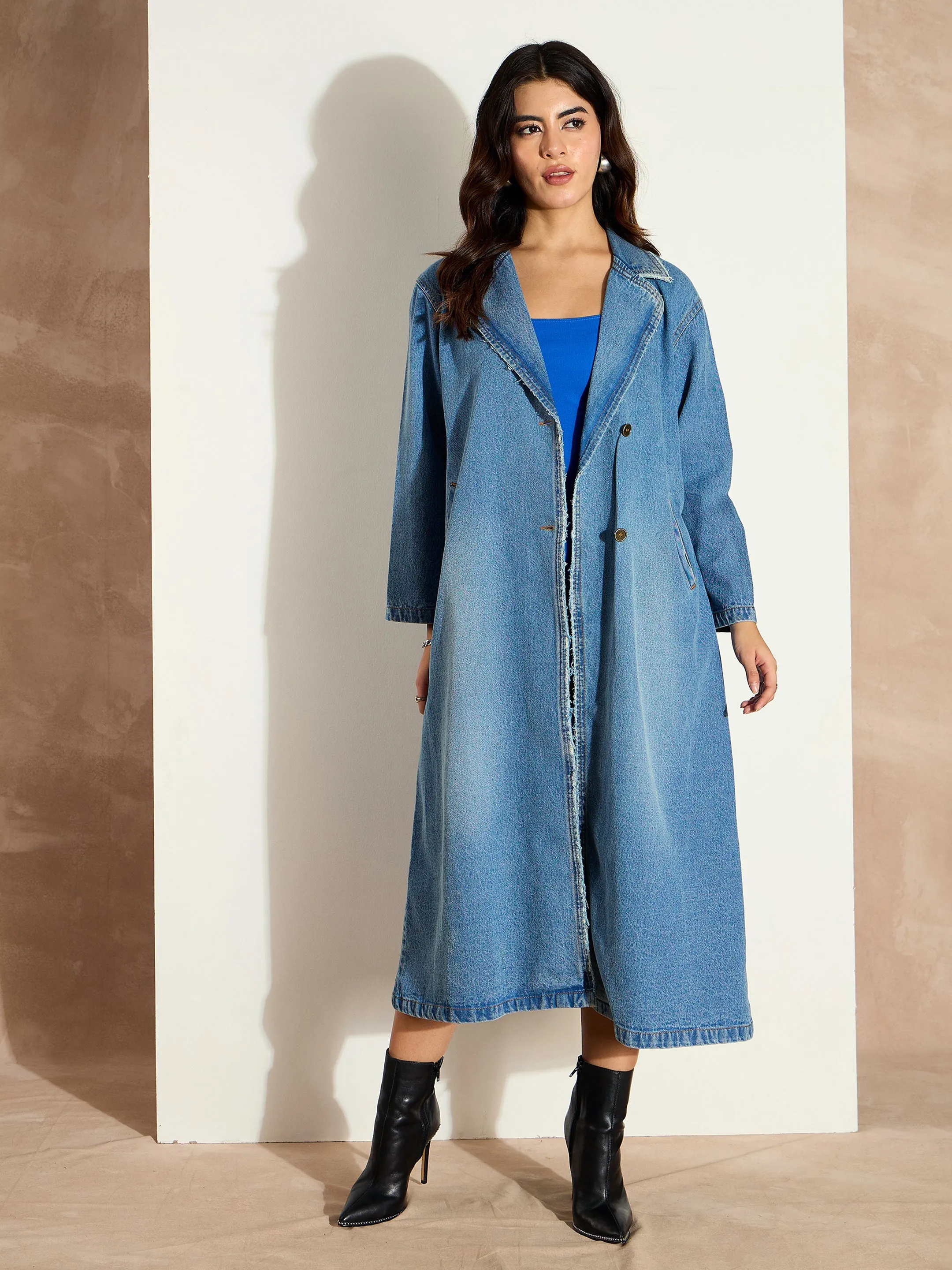 Women Blue Acid Washed Denim Over Coat