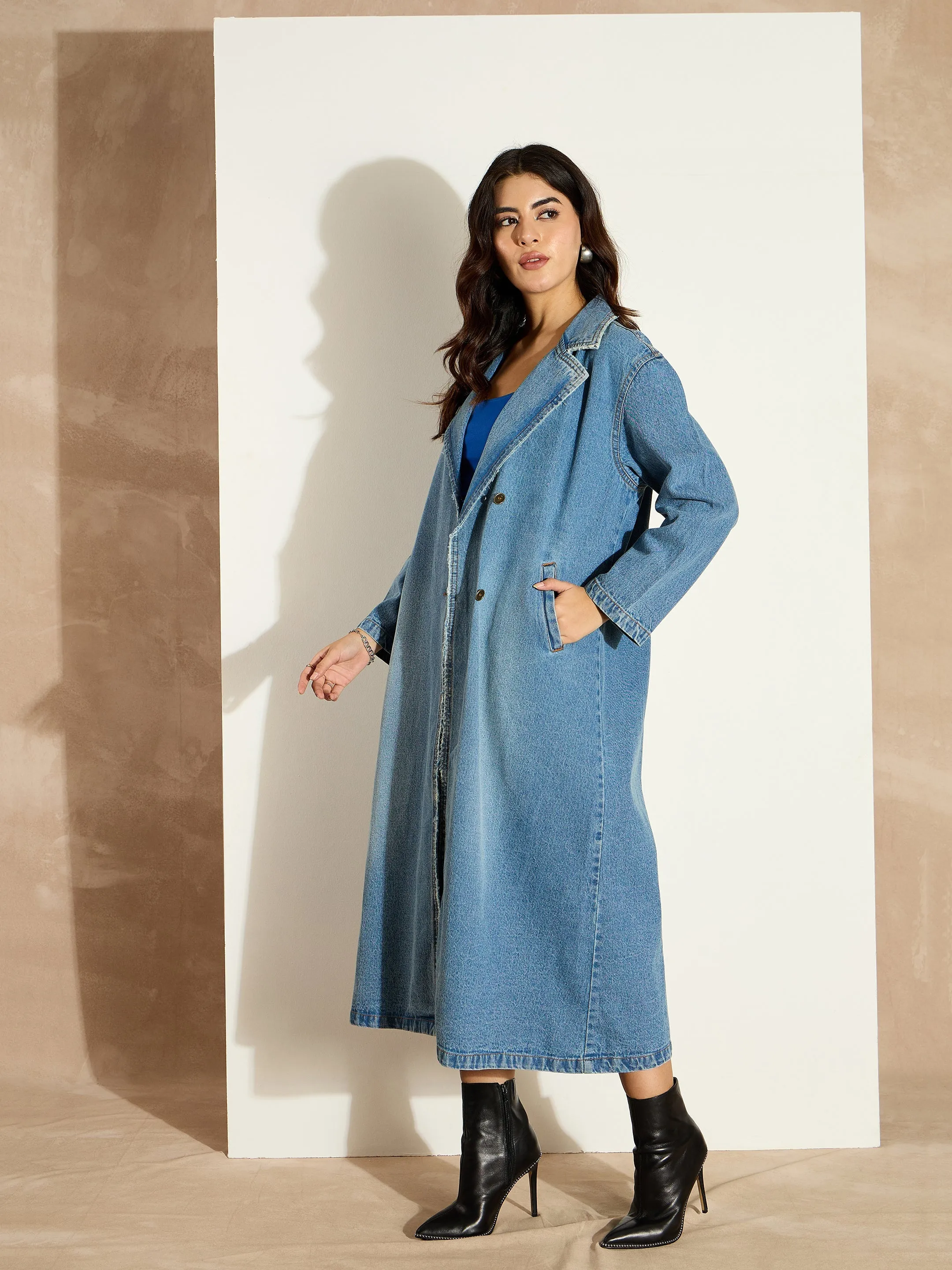 Women Blue Acid Washed Denim Over Coat