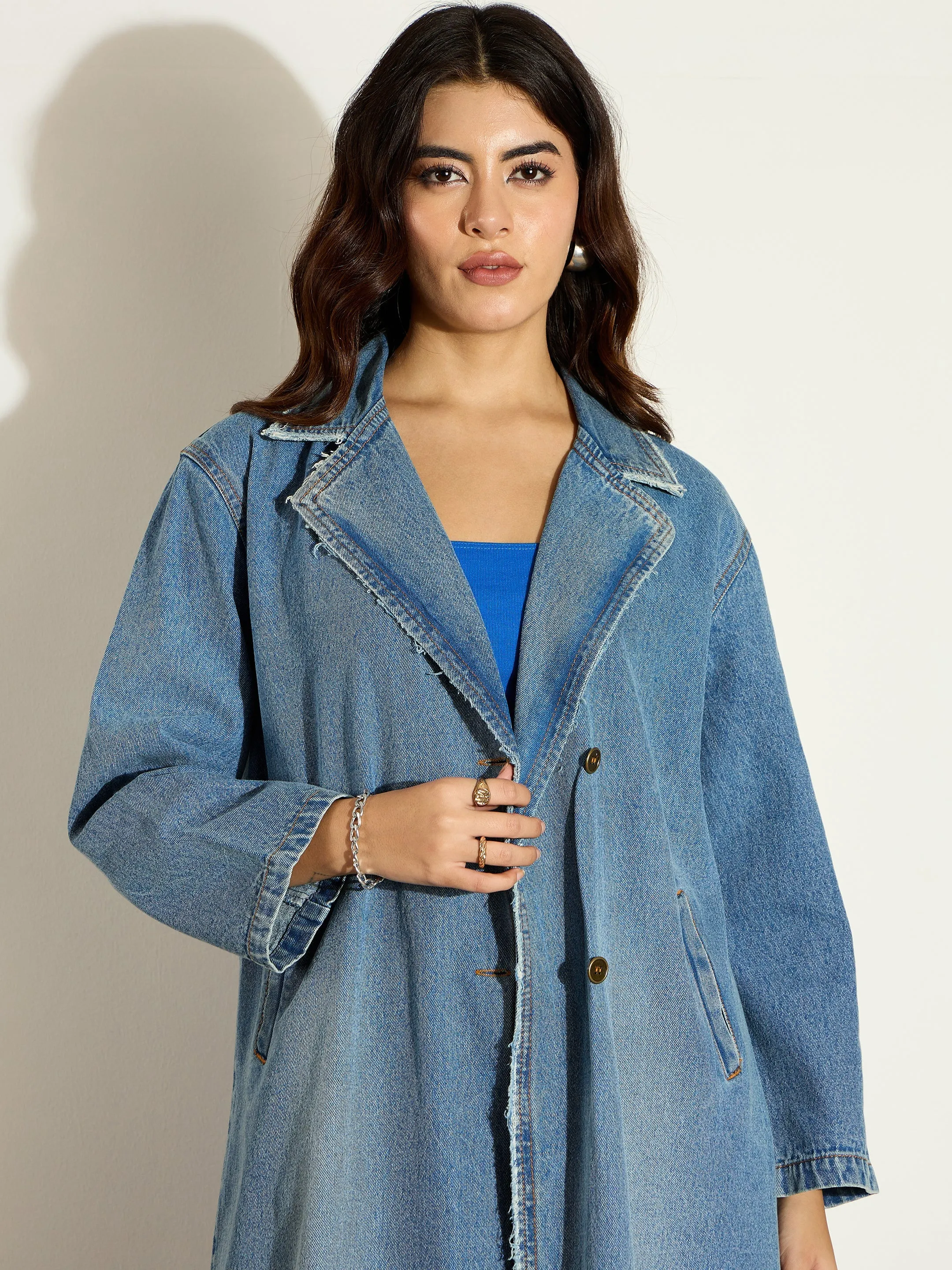 Women Blue Acid Washed Denim Over Coat