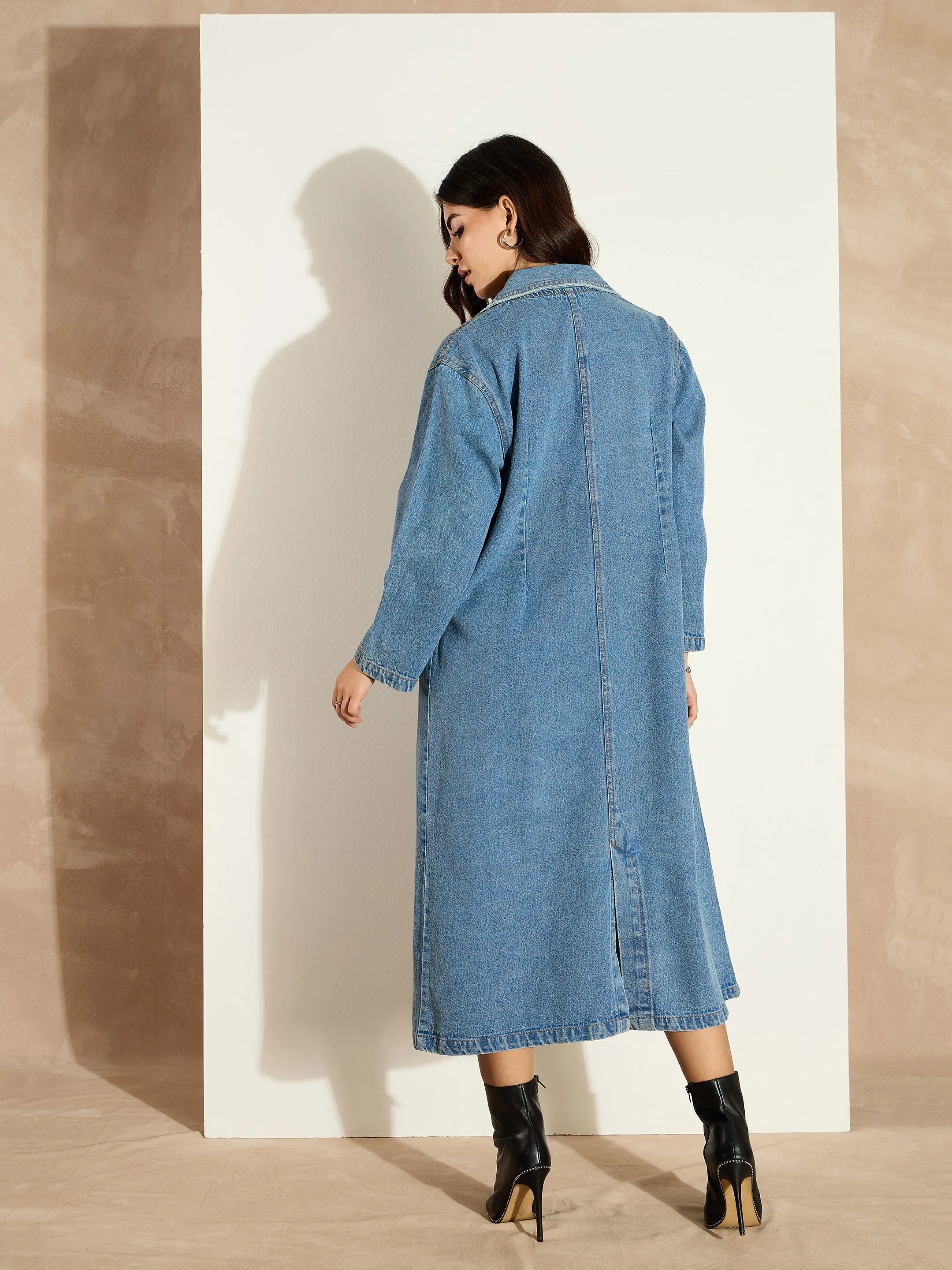 Women Blue Acid Washed Denim Over Coat