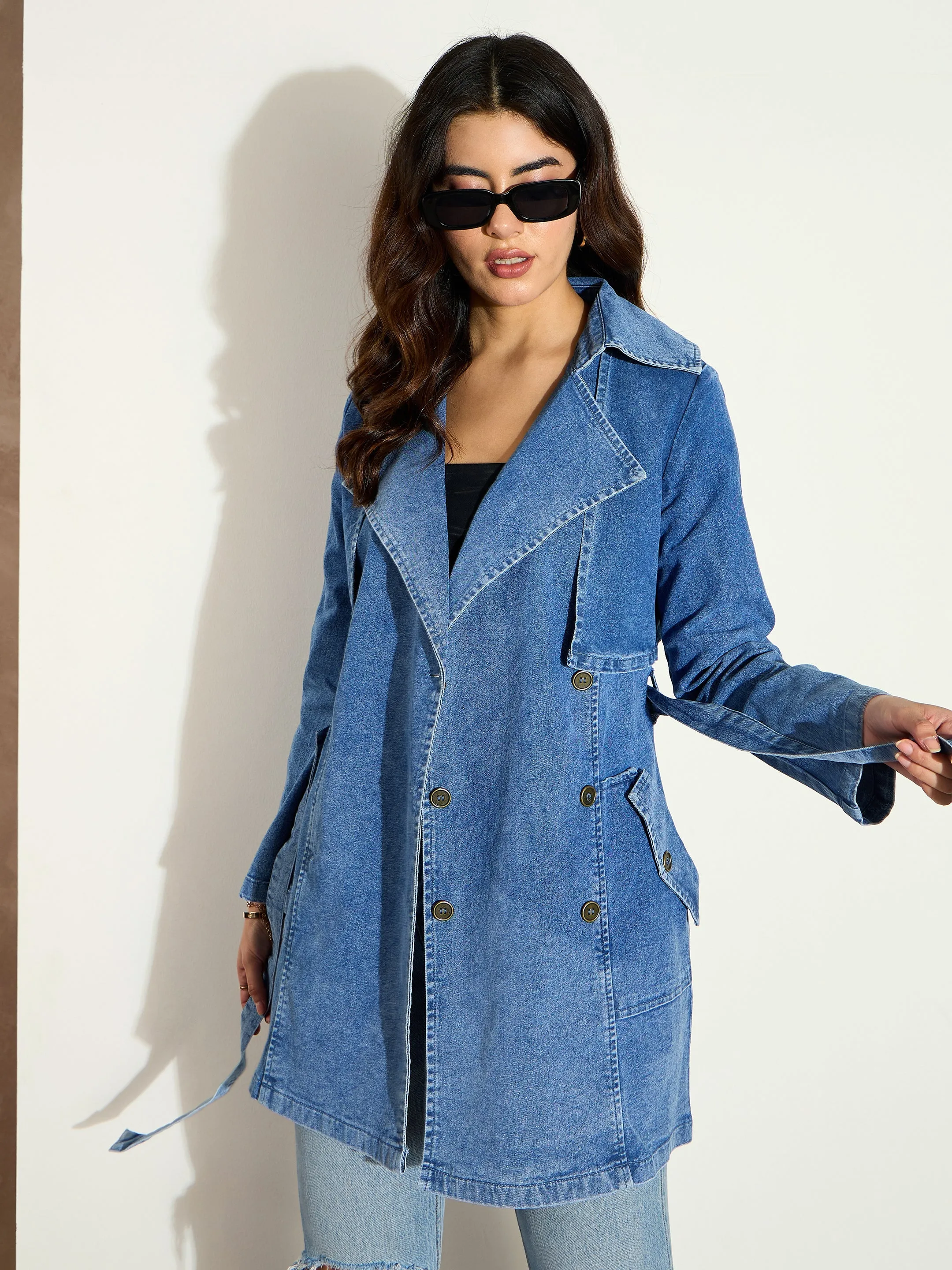 Women Blue Washed Denim Trench Coat