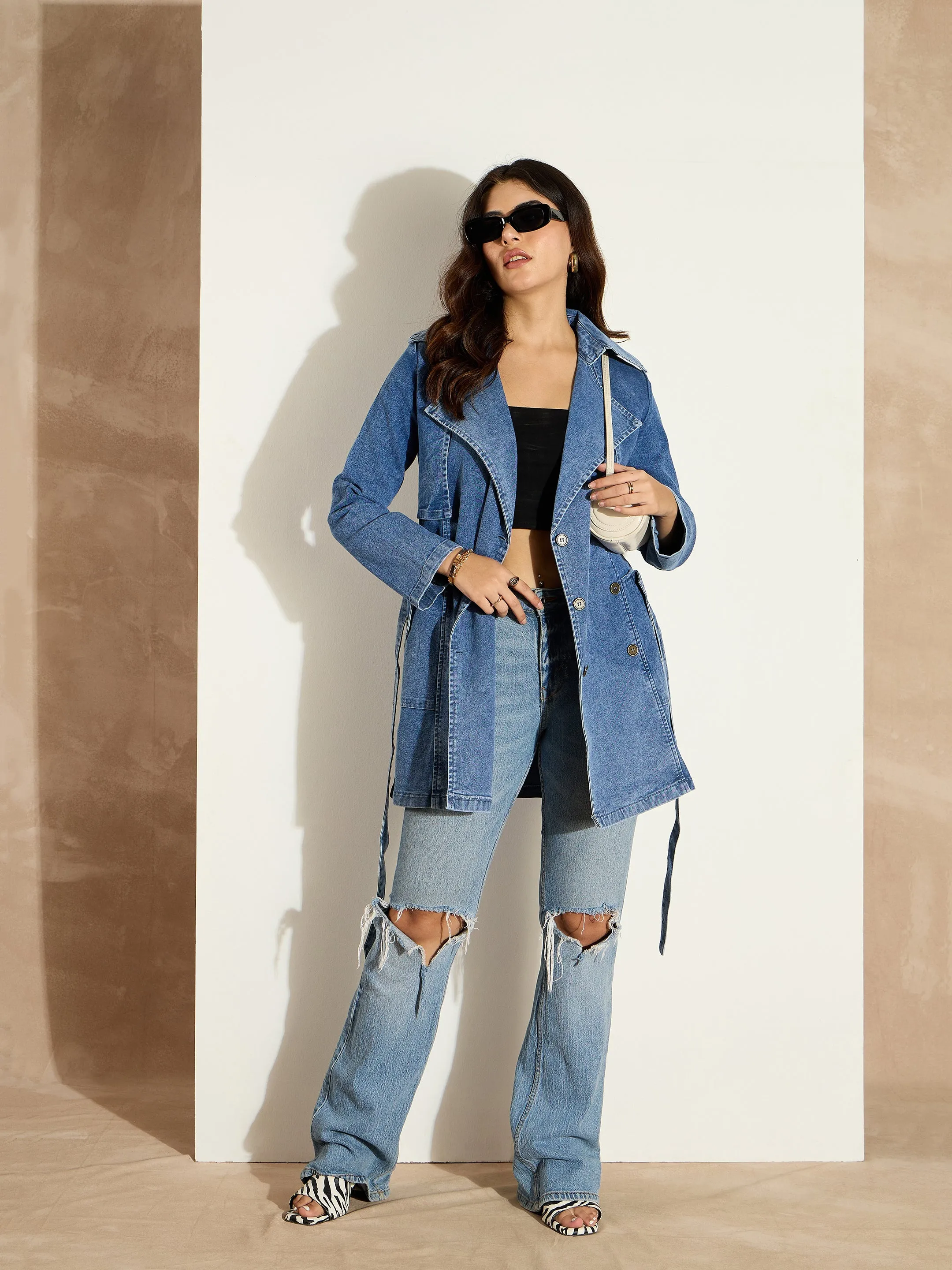 Women Blue Washed Denim Trench Coat