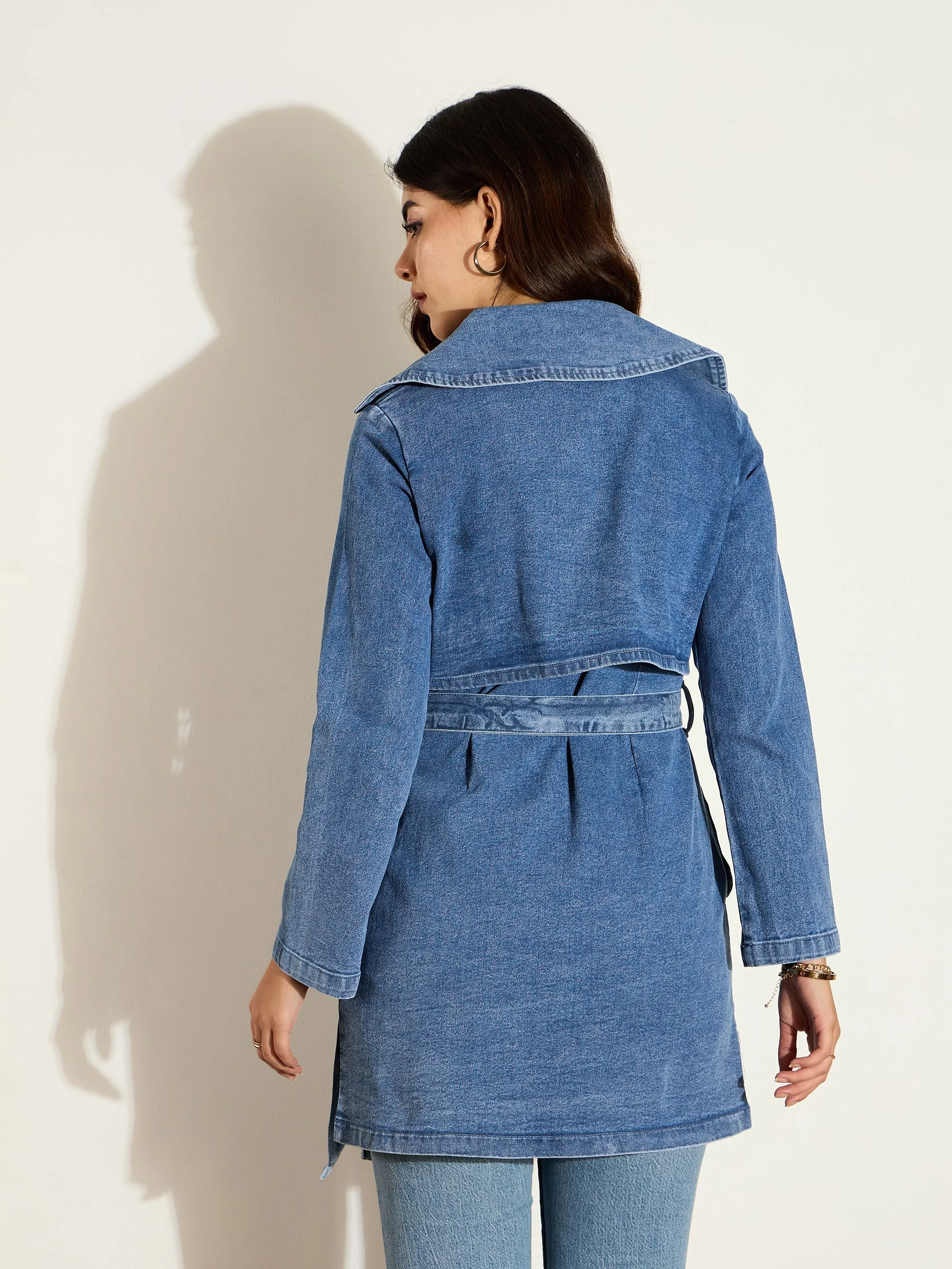 Women Blue Washed Denim Trench Coat