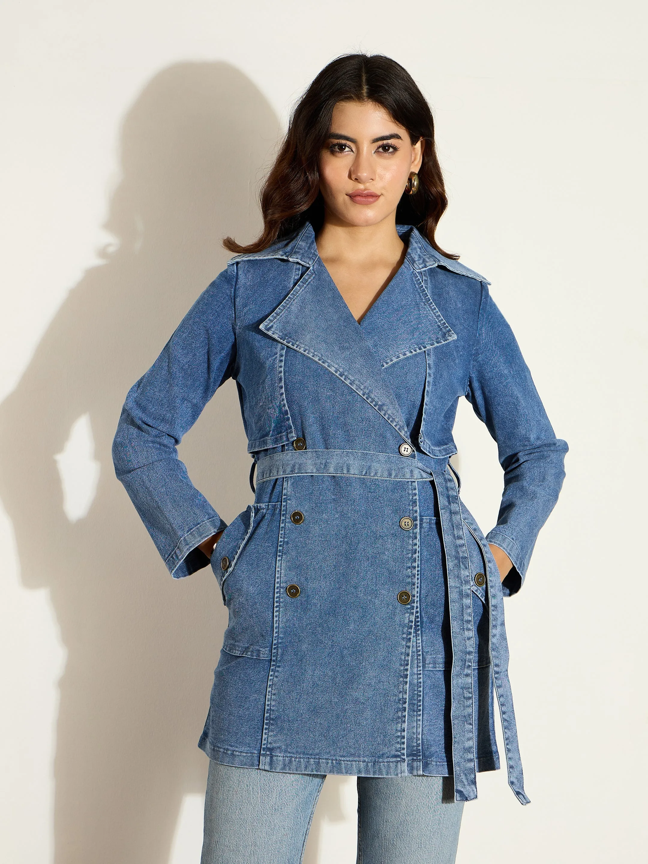 Women Blue Washed Denim Trench Coat