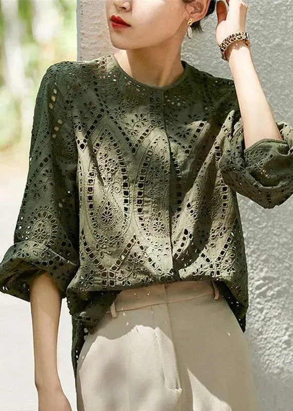 Women Light Khaki O Neck Hollow Out Cotton Blouses Long Sleeve CG1051