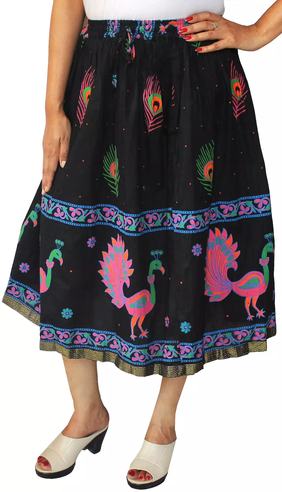 Women Printed Cotton Long Skirt India Clothes (Black)