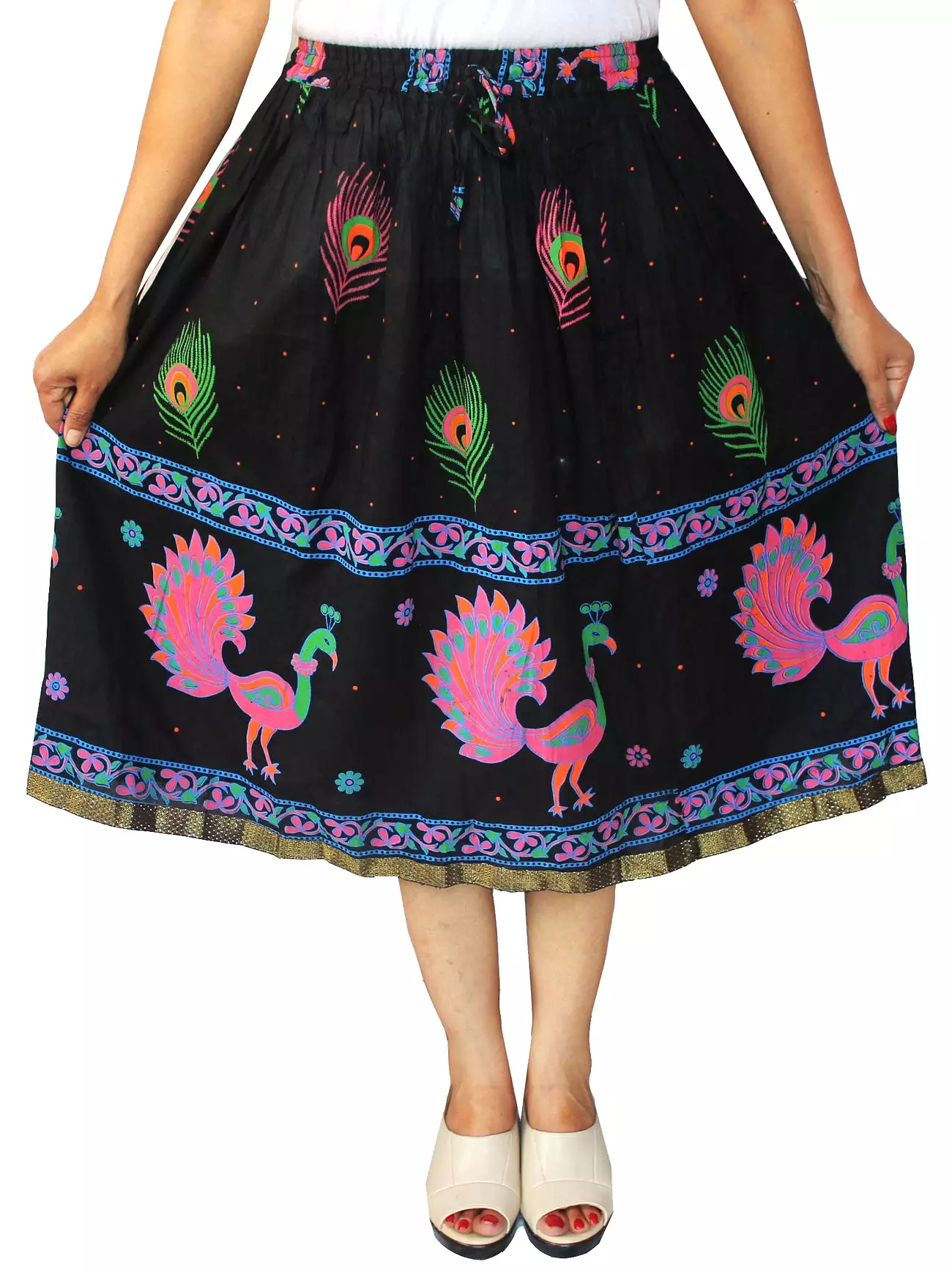 Women Printed Cotton Long Skirt India Clothes (Black)