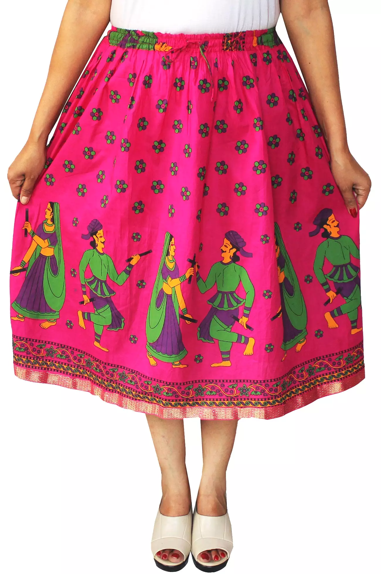 Women Printed Cotton Long Skirt India Clothes (Pink)