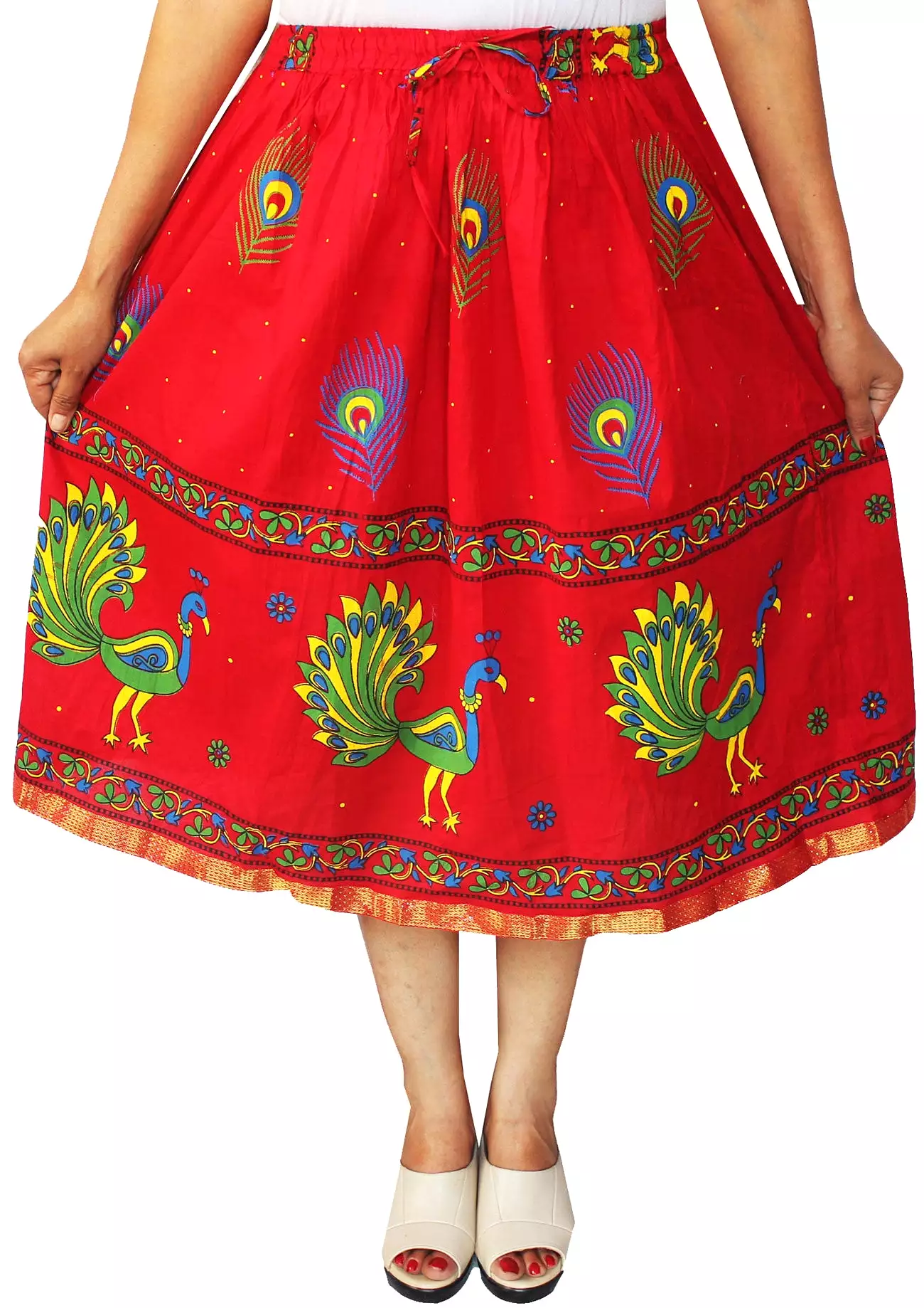 Women Printed Cotton Long Skirt India Clothes (Red)