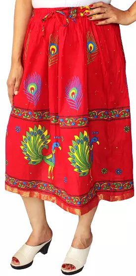 Women Printed Cotton Long Skirt India Clothes (Red)