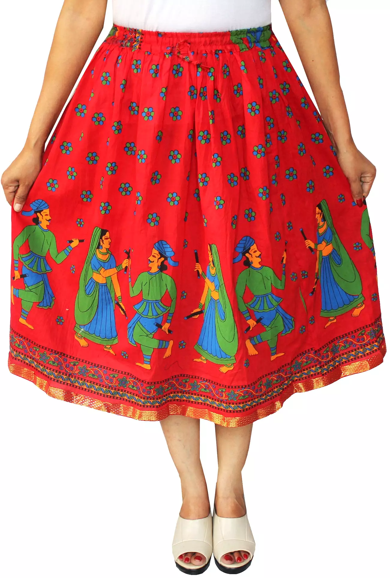 Women Printed Cotton Long Skirt India Clothes (Red)