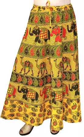 Women Printed Cotton Long Skirt India Clothes (Yellow)