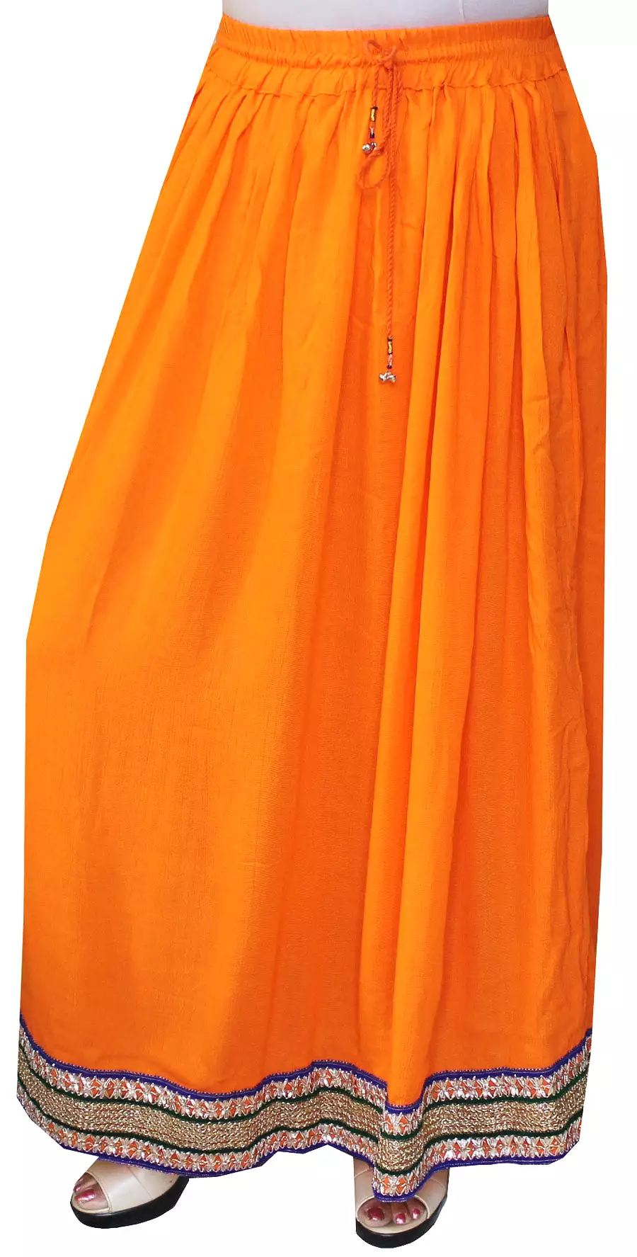 Women Solid Color Rayon Long Skirt India Clothes (Orange)