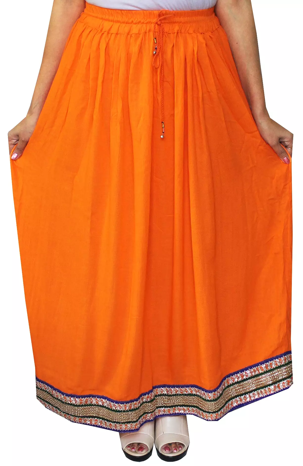 Women Solid Color Rayon Long Skirt India Clothes (Orange)