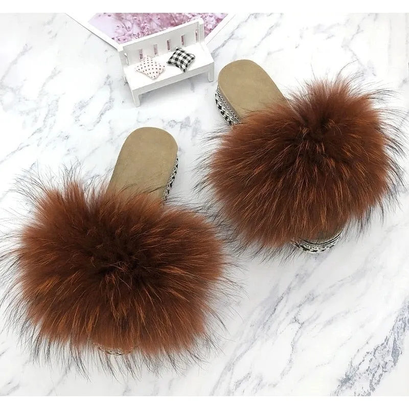 Women's Caramel Summer Real Fur Rivets Platform Slides House Slippers