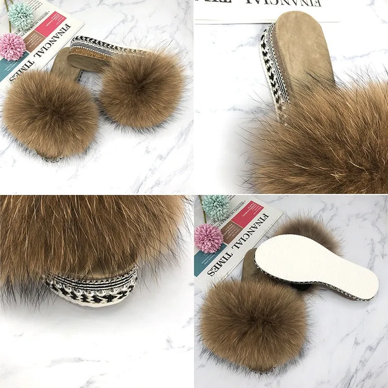 Women's Caramel Summer Real Fur Rivets Platform Slides House Slippers