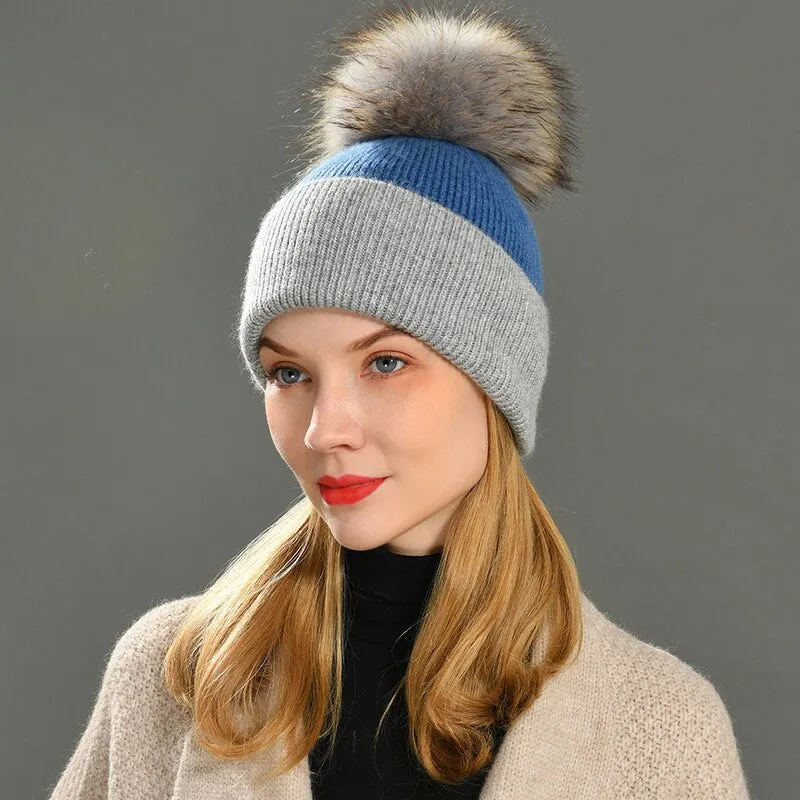 Women's Elegant Stripe Big Raccoon Fur Pom Knitted Beanie Cap