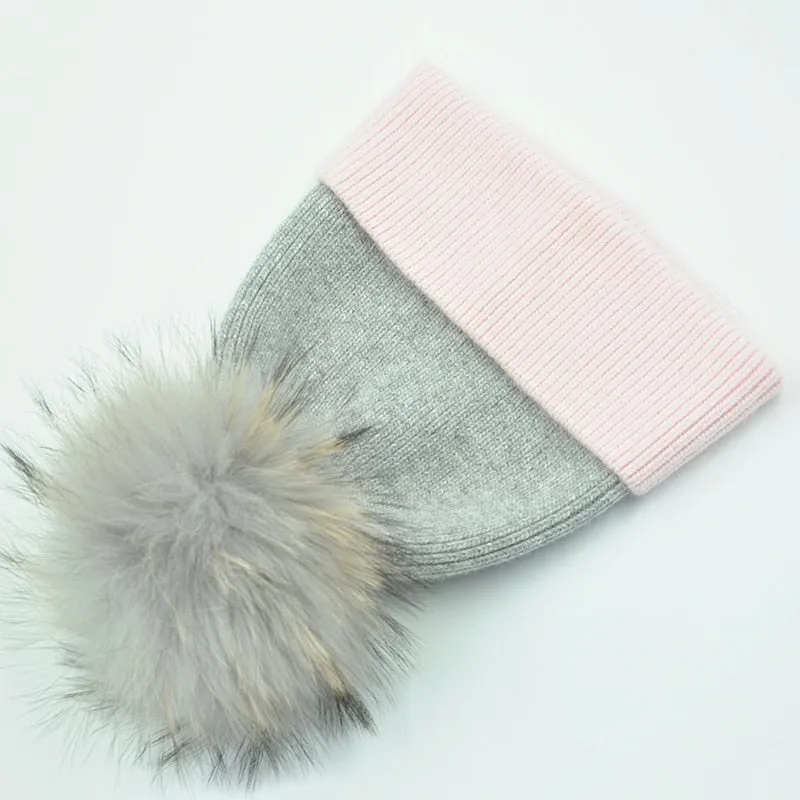 Women's Elegant Stripe Big Raccoon Fur Pom Knitted Beanie Cap