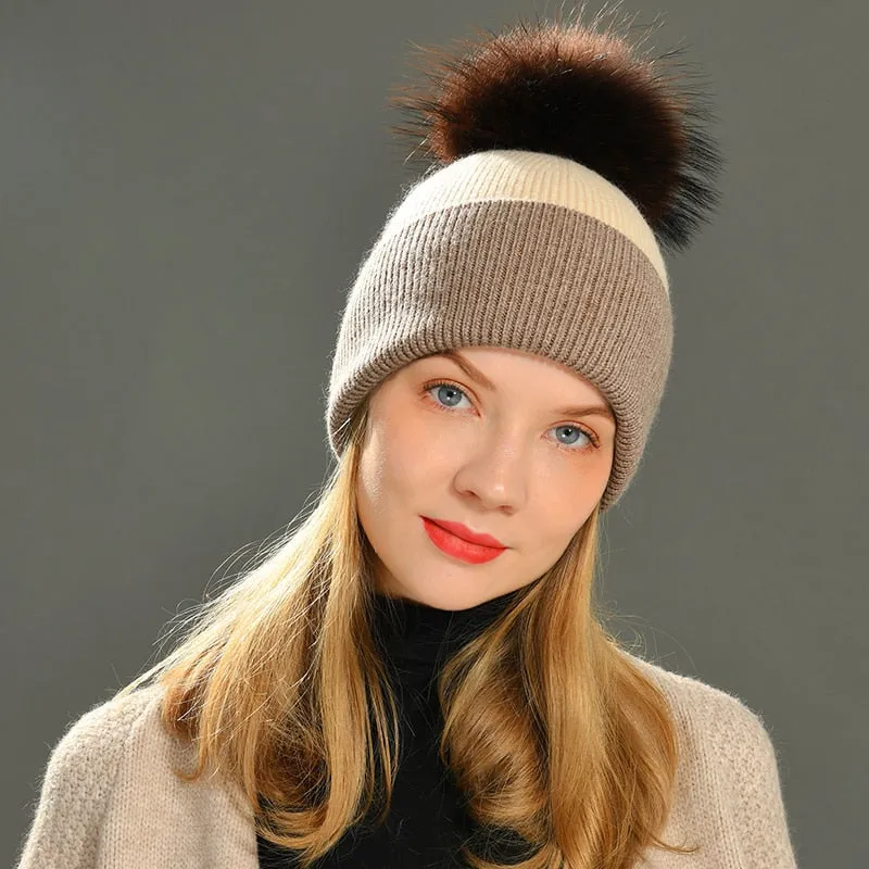 Women's Elegant Stripe Big Raccoon Fur Pom Knitted Beanie Cap