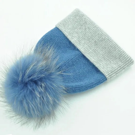 Women's Elegant Stripe Big Raccoon Fur Pom Knitted Beanie Cap