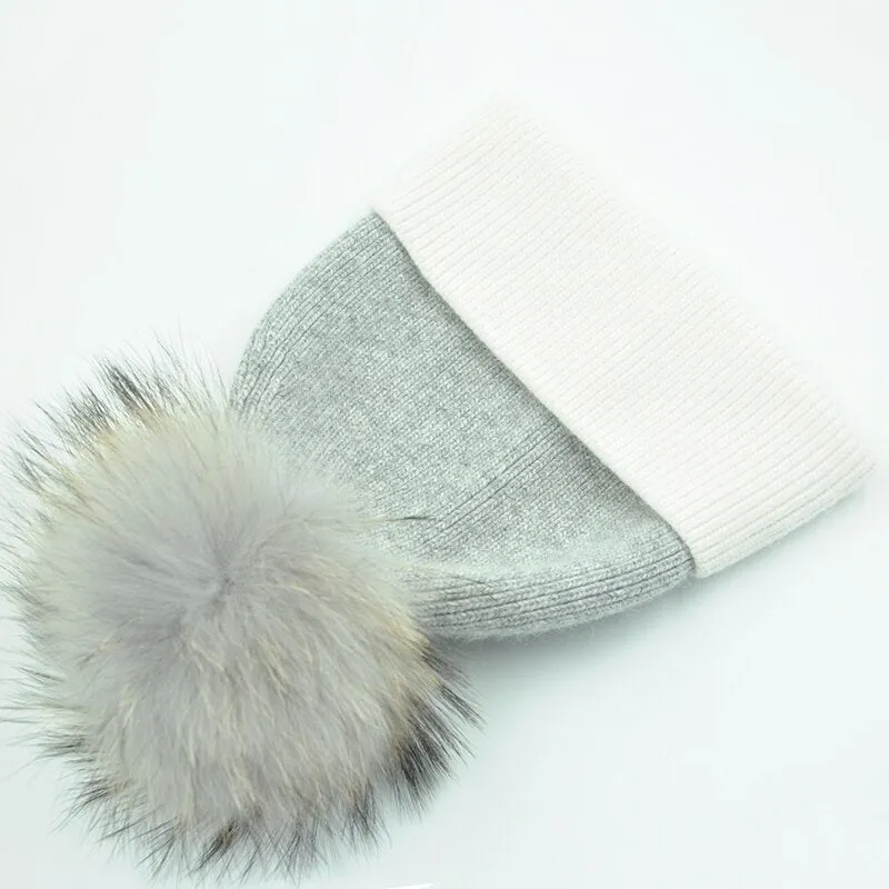 Women's Elegant Stripe Big Raccoon Fur Pom Knitted Beanie Cap