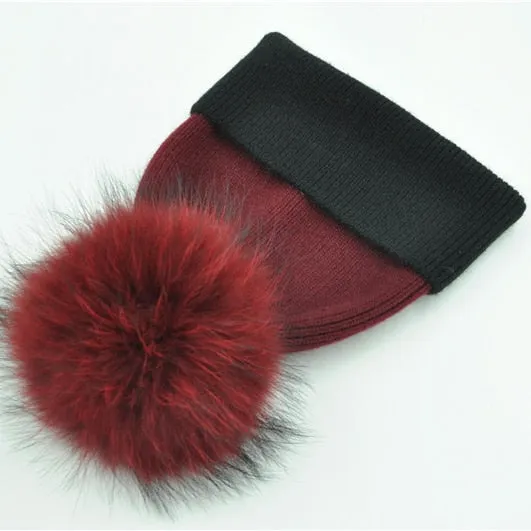 Women's Elegant Stripe Big Raccoon Fur Pom Knitted Beanie Cap