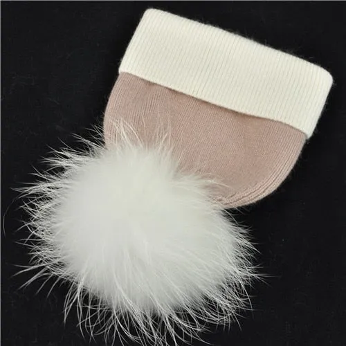 Women's Elegant Stripe Big Raccoon Fur Pom Knitted Beanie Cap