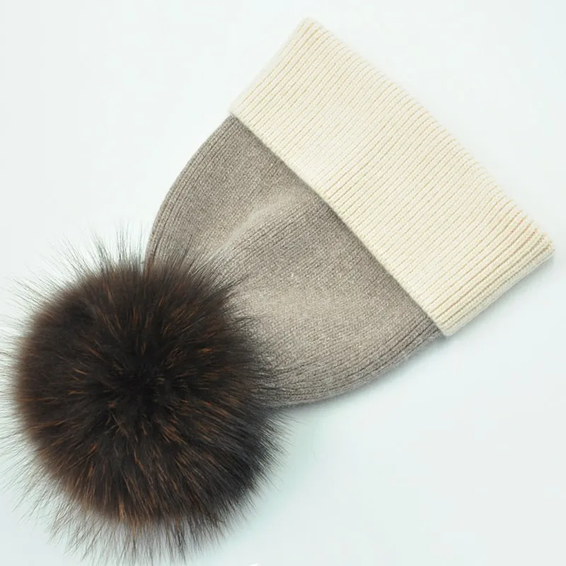 Women's Elegant Stripe Big Raccoon Fur Pom Knitted Beanie Cap