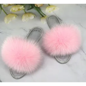 Women's Fluffy Real Fur Beach Slides Transparent Jelly Flip Flop Slippers