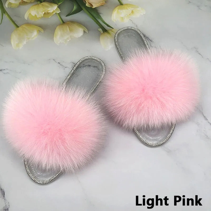 Women's Fluffy Real Fur Beach Slides Transparent Jelly Flip Flop Slippers