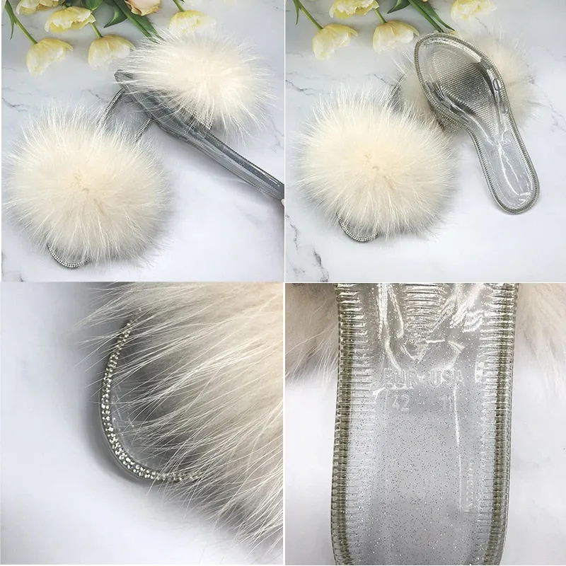 Women's Fluffy Real Fur Beach Slides Transparent Jelly Flip Flop Slippers